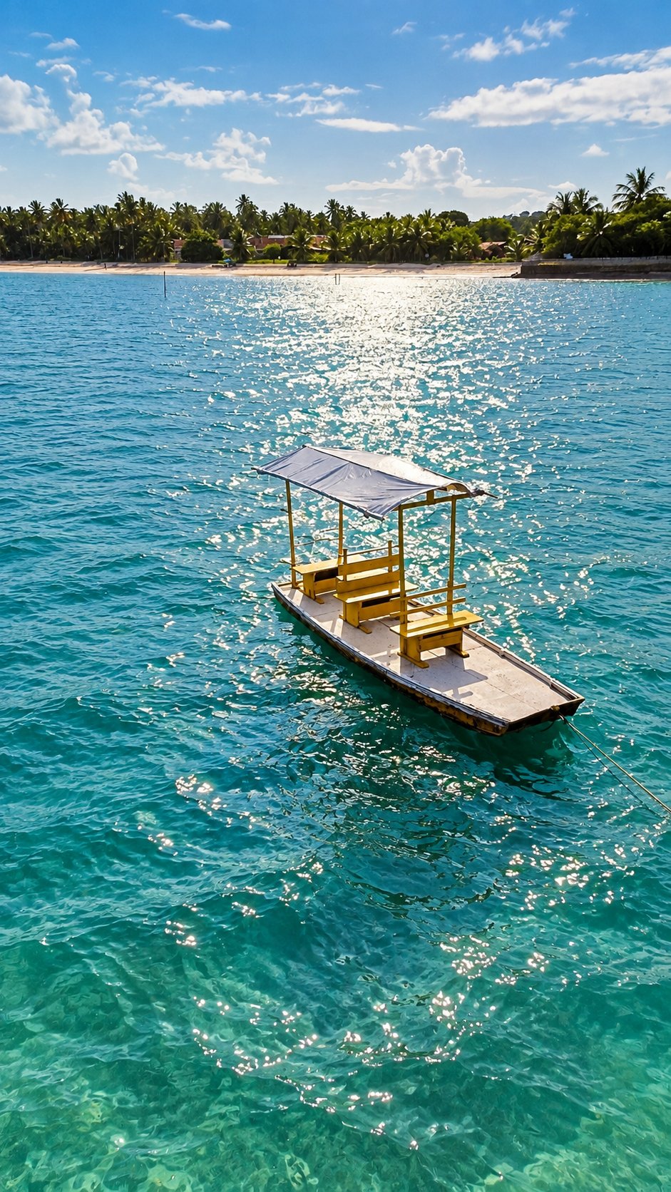 Barco tradicional nas águas claras da Rota Ecológica de Milagres, Alagoas